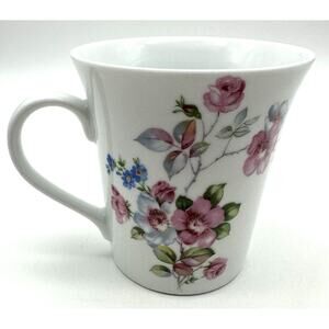 Teddi Floral Coffee Mug White Tea Cup Pink Blue Green Bone China 4" Tall